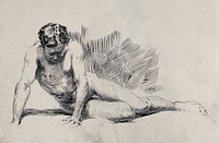 A seated male nude. Pen and ink drawing.