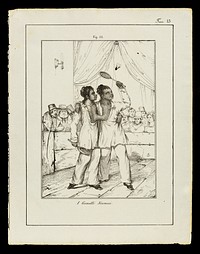 [Undated engraving of "I Gemelli Siamesi" (probably Chang and Eng Bunker), siamese twins, joined at the breast bone, playing badminton before a very serious looking audience. It is numbered Fig. 44 and Tav[ola] 13. Possibly 1840-1860].