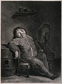 Two peasants in a dingy ale-house; one sleeps on a bench and the other urinates in a bucket. Engraving by J. Groensveld after A. Brouwer.