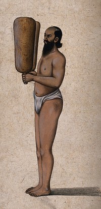 A Hindu ascetic or holy man: standing, wearing a loincloth and carrying two large weights , one in each hand. Gouache painting, ca. 1880 .
