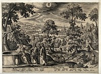 The month May and the sign Gemini, represented by a hilly landscape in spring and Christ and the woman of Samaria. Engraving by A. Collaert after H. Bol, 1585.