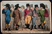 Town fops including L. Skeffington, J. Penn and Lord Kirkcudbright, feigning fashionable wounds after the return of the troops from Holland. Coloured etching by J. Cawse, 1799.