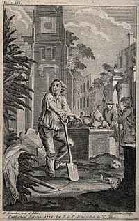 A gravedigger in a churchyard. Etching by G. Scotin after H. Gravelot, 17--.