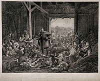 Austro-Prussian War: the Prussian King William I visiting wounded soldiers lying in a barn. Lithograph after H. Jenny, ca. 1866.