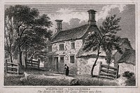 The house in Woolsthorpe, Lincolnshire, where Sir Isaac Newton was born; an old woman walks with a stick in the foreground. Engraving, ca. 1810.