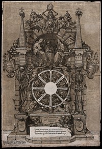 A monument teaching mortality, including figures and symbols alluding to death. Woodcut by A. Andreani after G. Fortuna, ca. 1588.