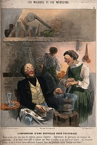 A cynical doctor describes the contents of his new cough mixture. Coloured lithograph by C. Jacque, 1844.
