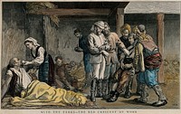 Russo-Turkish War: a wounded Turkish soldiers is brought to two doctors wearing the Red Crescent; a nurse is giving some water to another wounded man; a makeshift hospital in the background. Coloured wood engraving by C. Roberts after J.E. Hodgson, ca. 1877.
