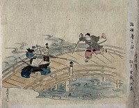 A fierce samurai holding a spear fighting an effeminate samurai on a bridge. Watercolour, 18--.