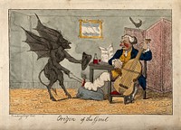 A gouty man who is drinking wine and playing the cello; the pain is represented by a devil burning his foot. Coloured etching after H.W. Bunbury.