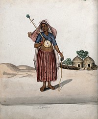 A village woman carrying a musical instrument in one hand, a stick with a small bowl in the other and a baby tied up in a bundle on her head. Watercolour by an Indian artist.