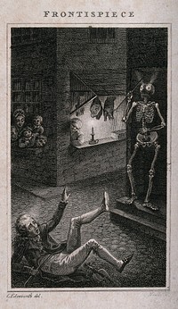 A fiddler falls over in fright at a skeleton. Etching by J. Neagle after C. Edgeworth, 1801.