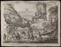 Masque in honour of King Charles III of Spain: three chariots carrying pagan deities of the moon, the earth and fire. Etching by A.J. Defehrt after F. Tramullas, 1764.