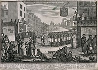A procession of publicans and a beggar following the coffin of Madam Geneva; attacking the Act preventing distillers from retailing or selling gin to unlicensed premises. Engraving, 1751.