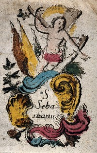 Martyrdom of Saint Sebastian. Coloured engraving.