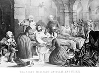 Crimean War: Florence Nightingale and her staff nursing a patient in the military hospital at Scutari. Coloured lithograph, c. 1855, by T. Packer after himself.
