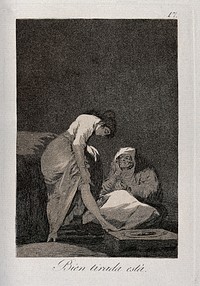 A young woman casting aside her virginity to become a prostitute. Etching by F. Goya, 1796/1798.