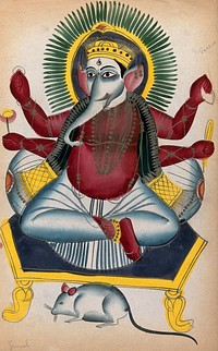 Ganesha enthroned holding his symbols with his rat. Watercolour drawing.