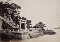 Japan: the temple of Hatchiman, the God of War, on the banks of the Straits of Simonoseki. Photograph by Felice Beato, ca. 1868.