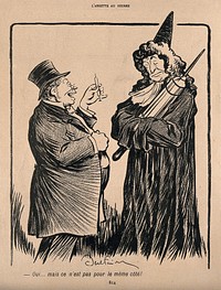 A gentleman compares the size of his syringe with a physician's clyster; he says that his is for the other side of the body. Process print after J-A. Faivre, 1902.