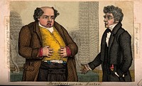 Boniface consulting a doctor about the fullness of his stomach. Coloured engraving by T.L. Busby, 1827.