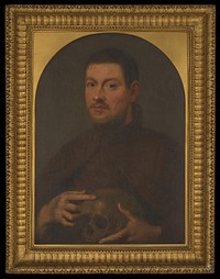 A man holding a skull, called "Fra Dunello". Oil painting.