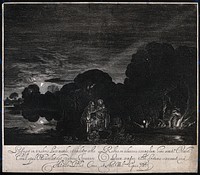 The flight into Egypt in the night, illuminated by the moon and the milky way. Engraving by H. Goudt, 1613, after A. Elsheimer, 1609.