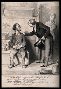 A physician discovers that the patient to whom he has administered hydrotherapy has developed 'water on the brain'. Lithograph by Brandl, c. 1850.