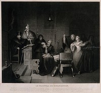 A distressed young woman protests her innocence and prays before the judge and the counsel of the Spanish inquisition. Aquatint by J.P.M. Jazet, 1839, after S.J.E. Jones.