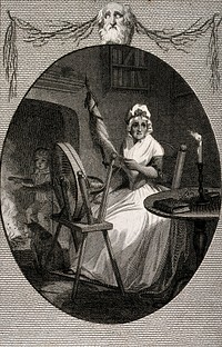 An old woman sits spinning by candelelight as a boy and a cat warm themselves by the fire. Engraving by J. Parker after R. Corbould.
