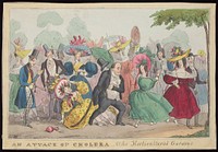 Visitors to the gardens of the Horticultural Society of London in Chiswick, among whom is a man who rushes off believing he has an attack of the cholera. Coloured etching by H. Heath, 1831.