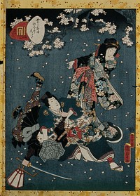 A courtly young man grapples with an assailant: his woman companion reacts with shock as she hides her face (Chapter 46, beneath the oak, from the 'Tale of genji'). Colour woodcut by Kunisada II, 1857.