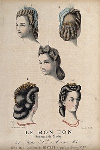 The heads of five women with braided hair dressed with feathers, beads, lace and artificial leaves. Coloured lithograph by Michelet, 1864, after P.R.