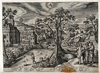 The month April and the sign of Taurus, represented by a village in spring, and by the parable of the sower. Engraving by A. Collaert after H. Bol, 1585.