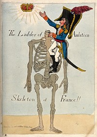 Napoleon climbing a headless skeleton trying to reach an unattainable crown; representing his imperial ambitions for France and his own for sovereignty. Coloured etching, 1803.