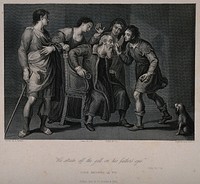 Tobias curing his father's (Tobit) eyesight three others and a dog look on. Line engraving by J. Jenkins after A. Carracci.