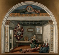 Saint Fina being foretold of her death by Saint Gregory the Great. Chromolithograph after D. Ghirlandaio, 1475.