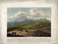 Mound and pipe after the "Geyser" hot water springs in Iceland have erupted. Coloured engraving by F. Chesham, 1797, after a drawing made in 1789.