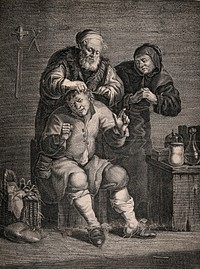 An itinerant surgeon extracting stones from a grimacing patient; symbolising the expulsion of 'folly' (insanity). Engraving.