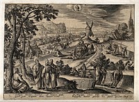 The month August and the sign of Virgo, represented by harvest time and the disciples of Christ plucking of ears of corn on the Sabbath. Engraving by A. Collaert after H. Bol, 1585.