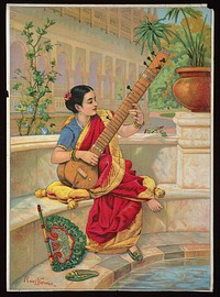 A seated Indian woman plays a sitar next to a garden pond. Chromolithograph after Ravi Varma,1800s.