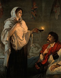 Crimean War: Florence Nightingale with her lamp at a patient's bedside. Colour lithograph, 1891, after H. Rae.