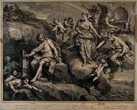 Aeolus, at the request of Juno, opens a door in a mountainside, releasing the winds that will wreck the fleet of Aeneas; representing the element air. Engraving by C. Dupuis, 1718, after Louis de Boullogne the younger.