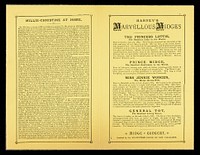 [Folded handbill on yellow paper advertising Millie Christine, the Two-Headed Nightingale, and Harvey's Midges (smallest people in the world : Princess Lottie, Prince Midge, Miss Jennie Worgen and General Tot), appearing at the Piccadilly Hall, London, 17 February 1885].