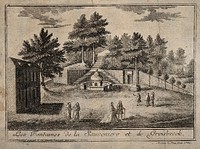 Spa, Belgium: monks and visitors at the fountains of Sauveniere and Groisbeeck. Engraving by M.B. Wachsmuth after A. Le Loup, 1762.