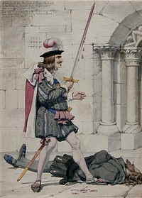 King Richard III holds a bloody sword, the dead body of King Henry VI lies on the ground. Watercolour by Richard Dadd, 1853.