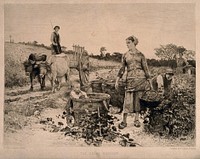 A pastoral scene with women picking grapes and a man on an ox-cart. Etching by H. Lepind after E. Debat-Ponsan, 1886.