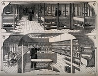 The medical quarters of the Melbourne, a ship of the Line: a ward deck, above, and an operating theatre, below. Wood engraving, 1860.