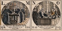 Nursing and charitable acts of the "Soeurs de la Charité" or Sisters of Love; with the alphabet: L-S, ijk-yz. Coloured line engraving.