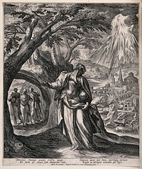 Lot's wife looks back at the flames pouring from Heaven upon Sodom; Lot and his daughters go on ahead. Engraving by R. Sadeler after M. de Vos, 1583.